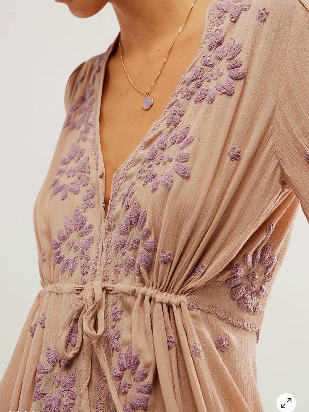 Lavender Embroidered Tie-Waist Free People Fable Dress - color Tea size XS